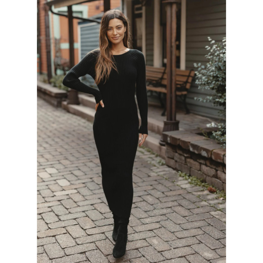 $150 The Normal Brand Rib Dress 100 Cotton Ava Black Maxi LongSleeve Bodycon XL